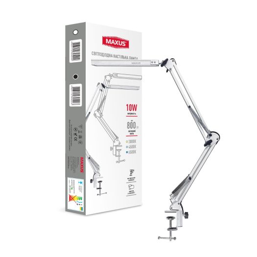 Світлодіодна настільна лампа на струбцині MAXUS Desk Lamp 10W 3CCT Metal CLIP WH