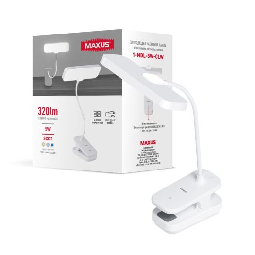 Світлодіодна настільна лампа зі змінним акумулятором MAXUS Desk Lamp 5W 3CCT WH CLIP