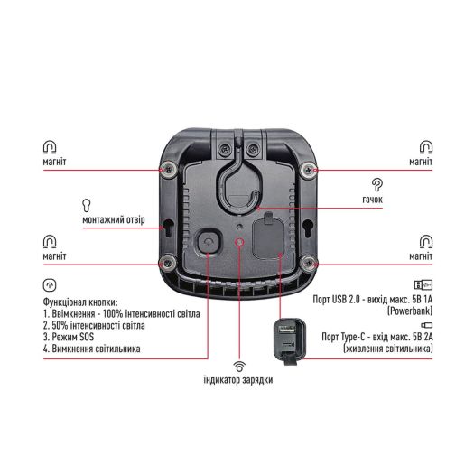 Портативний прожектор з вбудованим акумулятором і функцією Power Bank MAX-8W-RED-EM MAXUS Portable Emergency LED Light 8W 4100K IP65 5000mAh RED